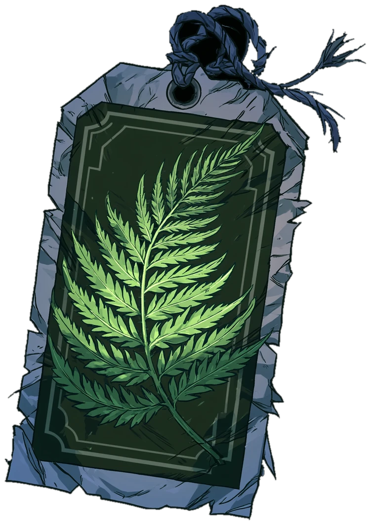 The Meadow league tag: a fern pressed in dark stone on a rope